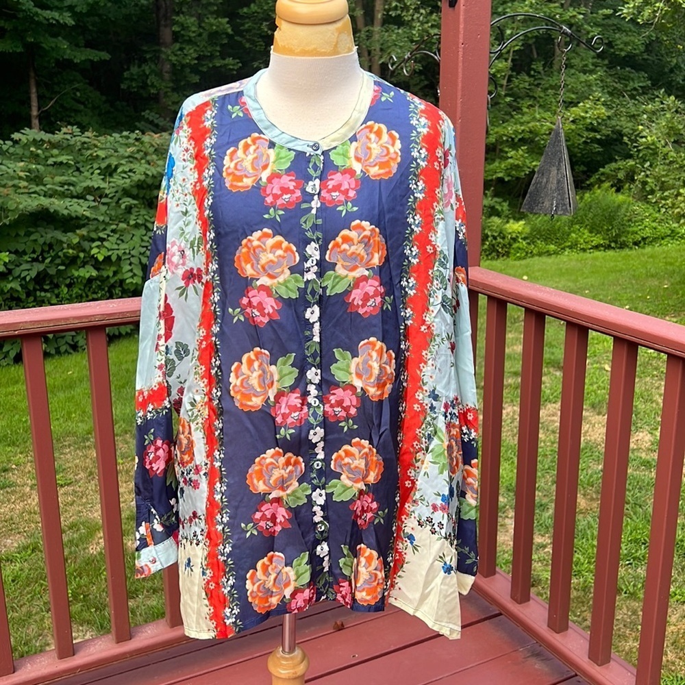 JOHNNY WAS Size XXL floral printed multi front button silk top